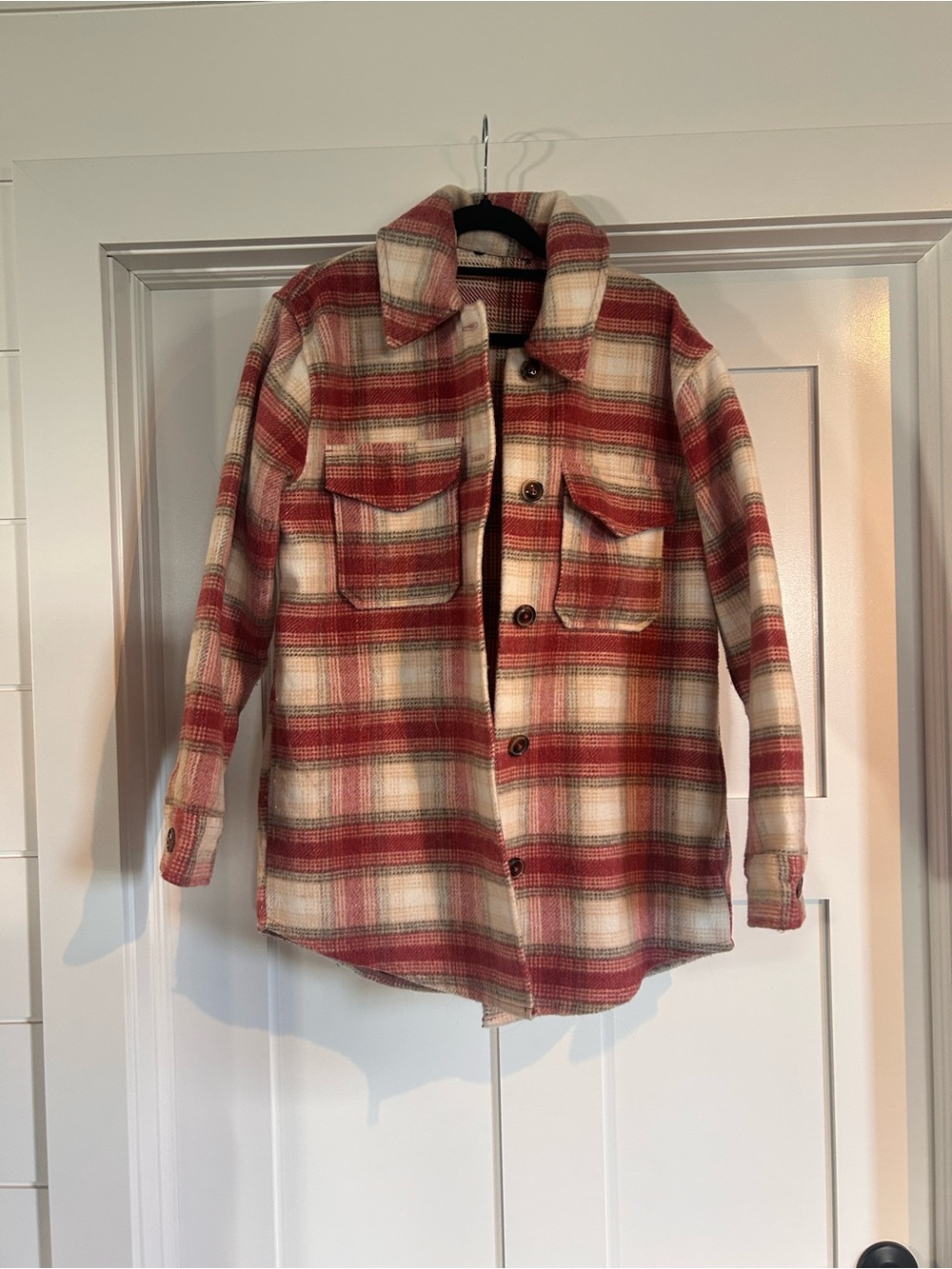 Plaid Button-Up Shacket in Cream/Pink/Grey